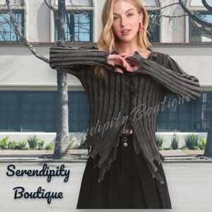 Boho Emo Grunge Mineral Wash Distressed Long Sleeve Charcoal Grey Sweater Top